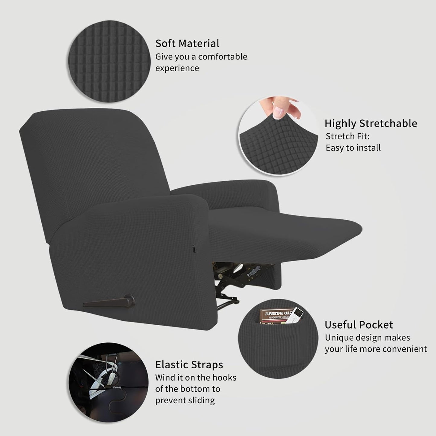 Easy-Going Recliner Stretch Sofa Slipcover Sofa Cover 4-Pieces Furniture Protector Couch Soft with Elastic Bottom, Spandex Jacquard Fabric Small Checks(Recliner,Dark Gray)