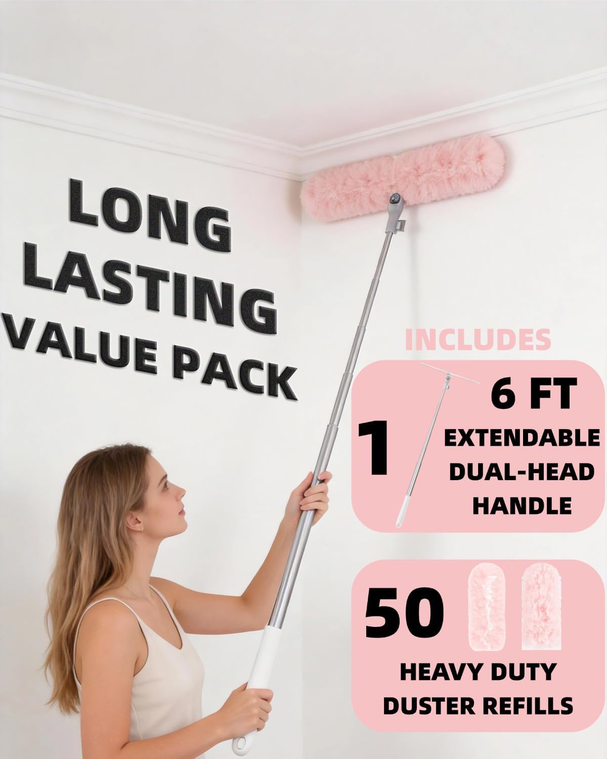 50 PCS Duster Refills with 6 FT Extendable Handle, Heavy Duty Duster Refills Kit Compatible with Swiffer, 360 Disposable Microfiber Duster Pads for Ceiling Fan, Blind & Hard to Reach Areas Cleaning