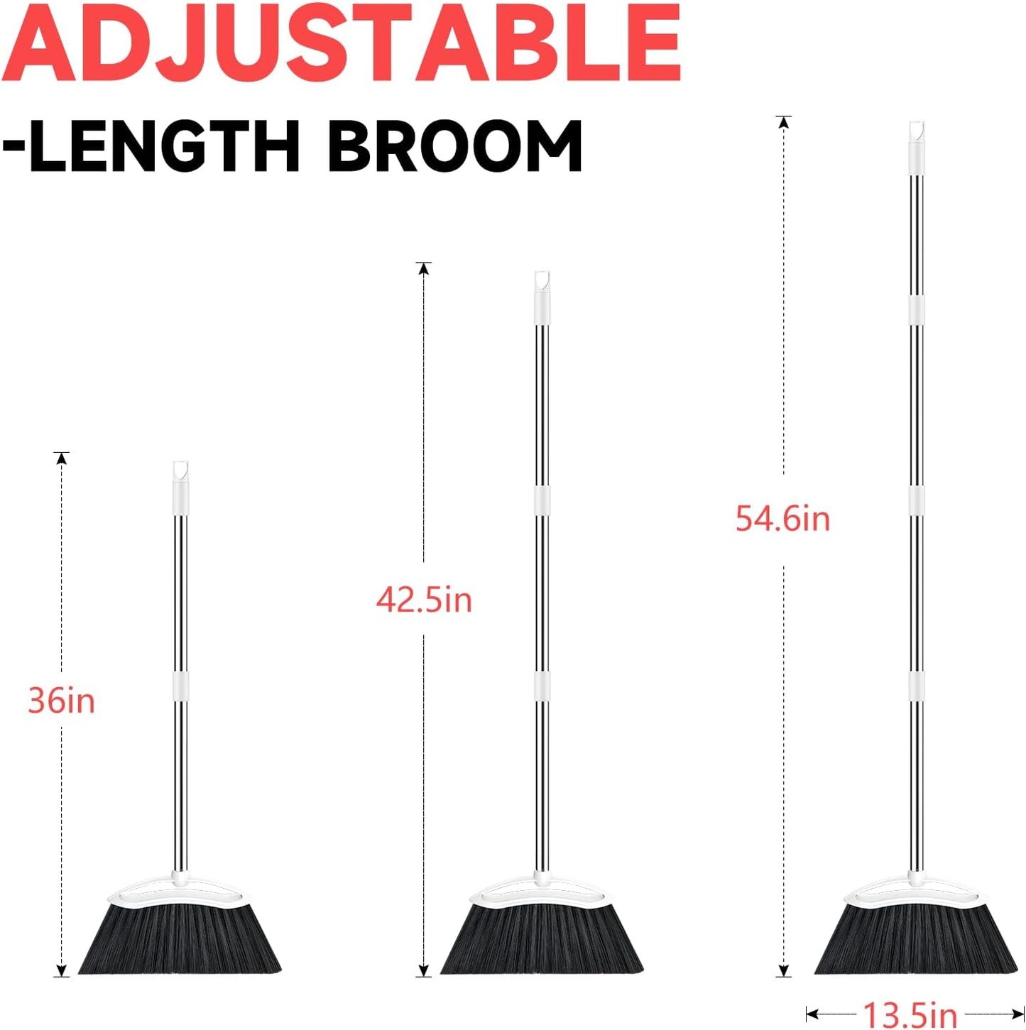 Heavy Duty Broom, 54-inch Adjustable Long Handle Angle Brooms Large Brooms for Sweeping Indoor and Outdoor Commercial Broom for Home Kitchen Patio Garage Porch Courtyard Classroom, White