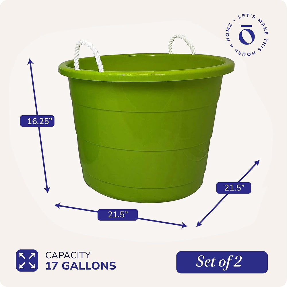 HOMZ Utility Tub, Storage Bucket with Rope Handles, 17 Gal, Green, 2 Pack