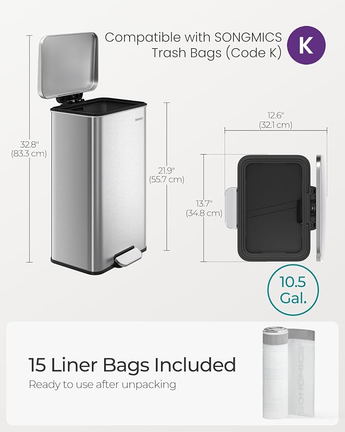 SONGMICS Kitchen Trash Can, 10.5 Gallon Garbage Can, Large Step Trash Bin - Image 8