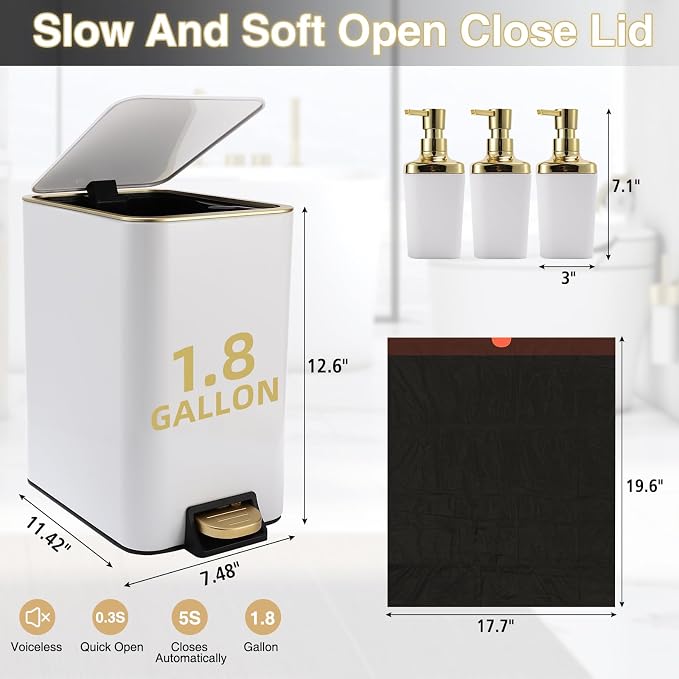 Small Bathroom Trash Can with Lid Soft Close, 1.8 Gallon Stainless Steel - Image 6