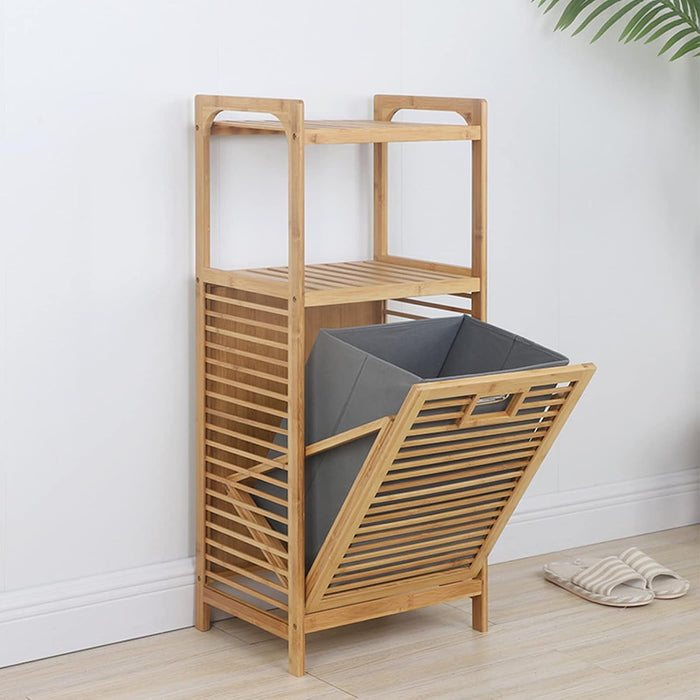 Bamboo Laundry Hamper Stand - 15.7''x11.8''x37.4'' Freestanding Laundry Basket Clothes Organizer Cabinet with Liner Bag & 2 Tier Storage Shelf for Bathroom, Living Room, Bedroom