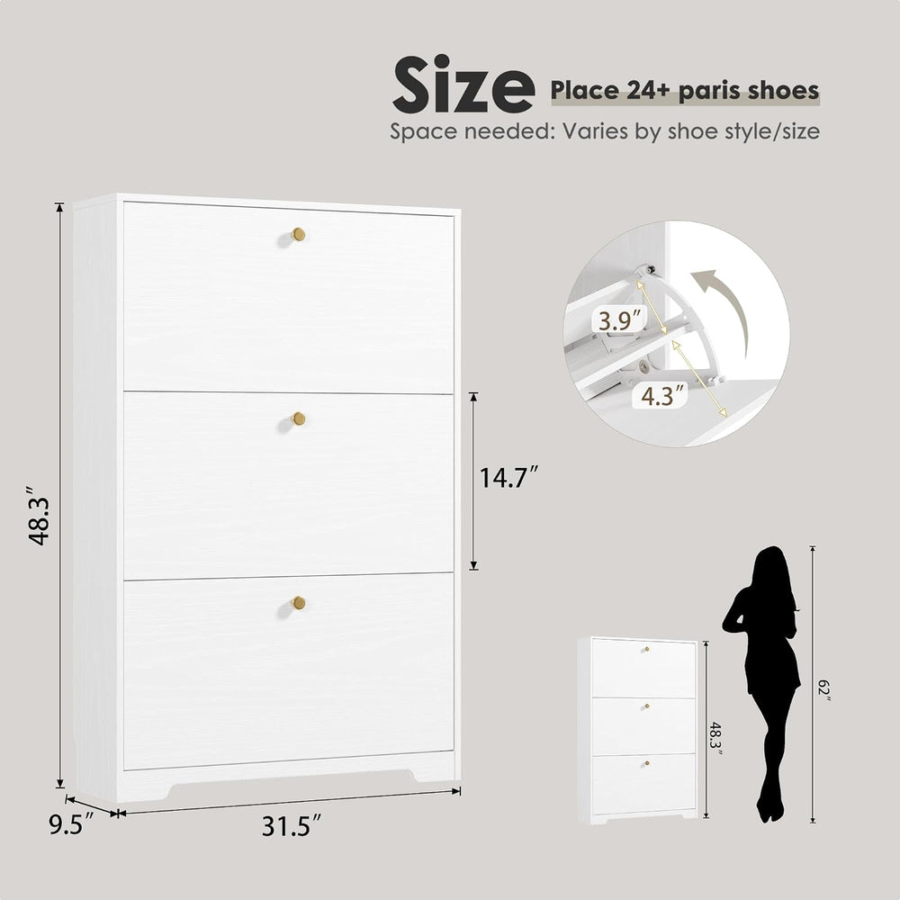 Nicetree Shoe Storage Cabinet with 3 Flip Drawer, Narrow Slim 3-Tier Shoe Org...