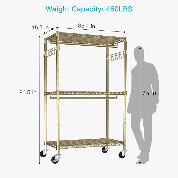 FUTASSI P1 Rolling Clothes Rack, Movable Metal Garment Closet Organizer - Image 6