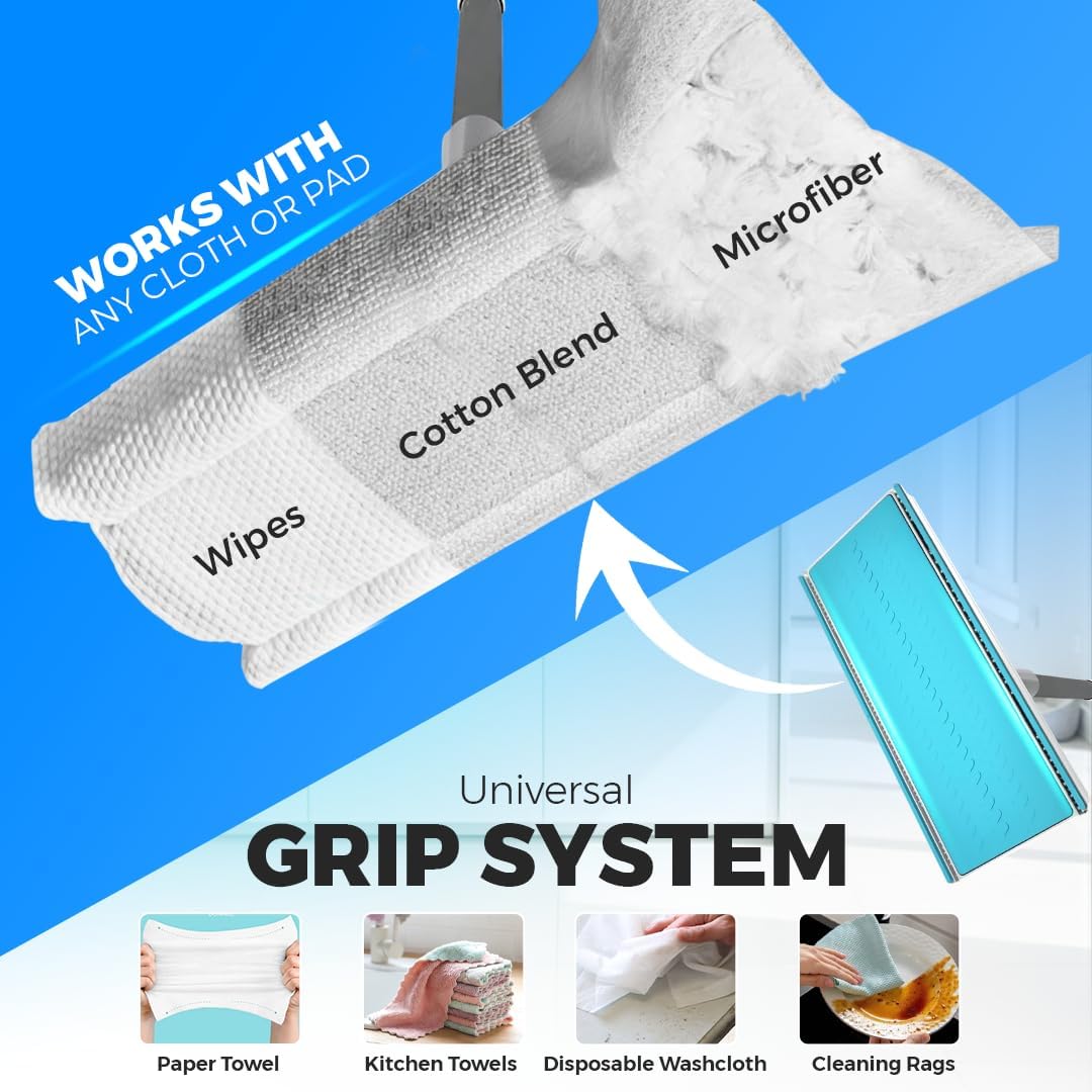 FlexiClamp Sweep & Mop Kit - Compatible with Swiffer Pads, Durable Cleaning Tool for Hardwood, Tile, Marble & Laminate Floors, Home, Kitchen Cleaning Essentials. (Include 10 Dry Cloths)