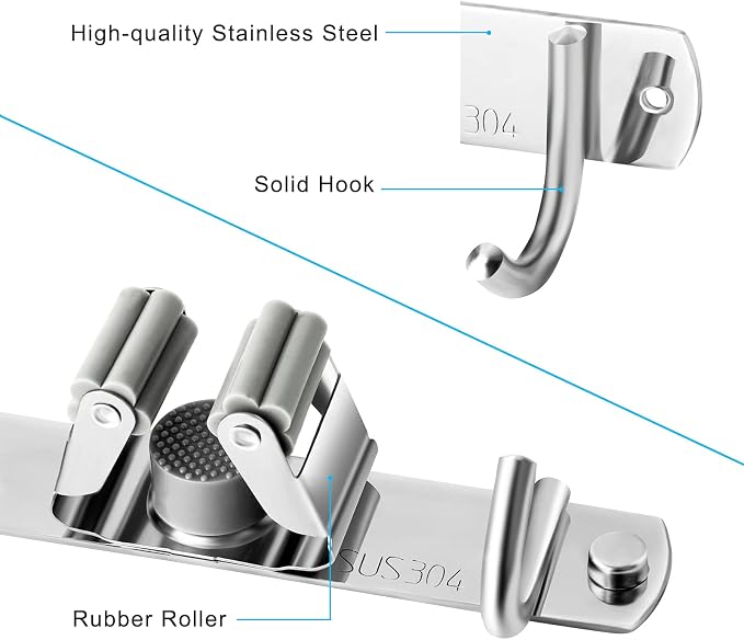 Mop and Broom Hanger Wall Mount, stainless steel Broom Hook Organizer Wall - Image 2