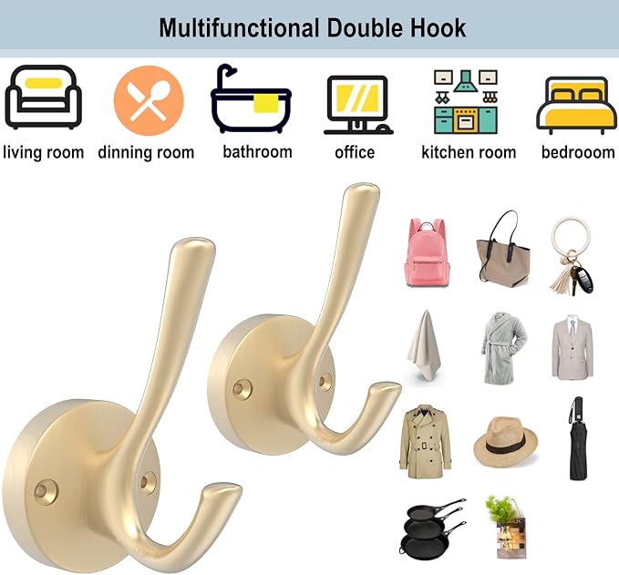 Gold Wall Hooks, 6 Pack Coat Robe Hook Heavy Duty Metal Double Bath Hook Wall - Image 8