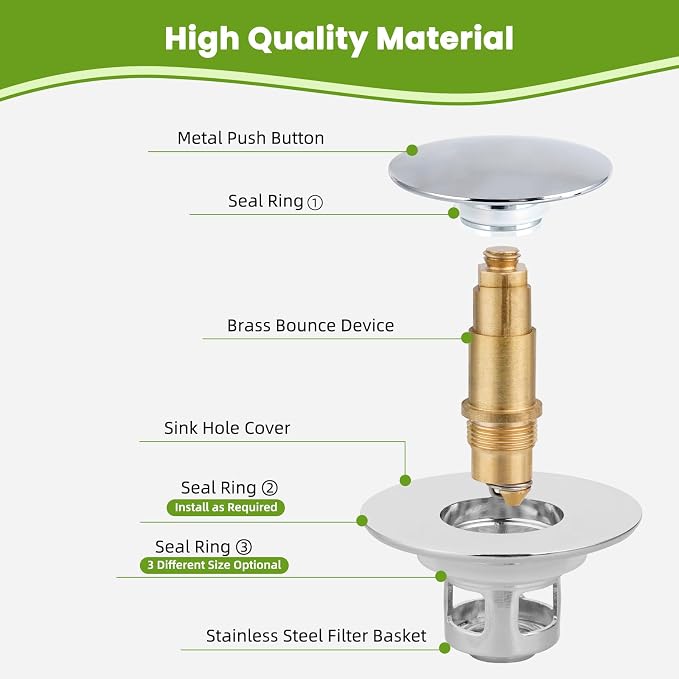 Universal 2PCS Bathroom Sink Stopper 2 in 1 Pop Up Metal Sink Drain Strainer - Image 6