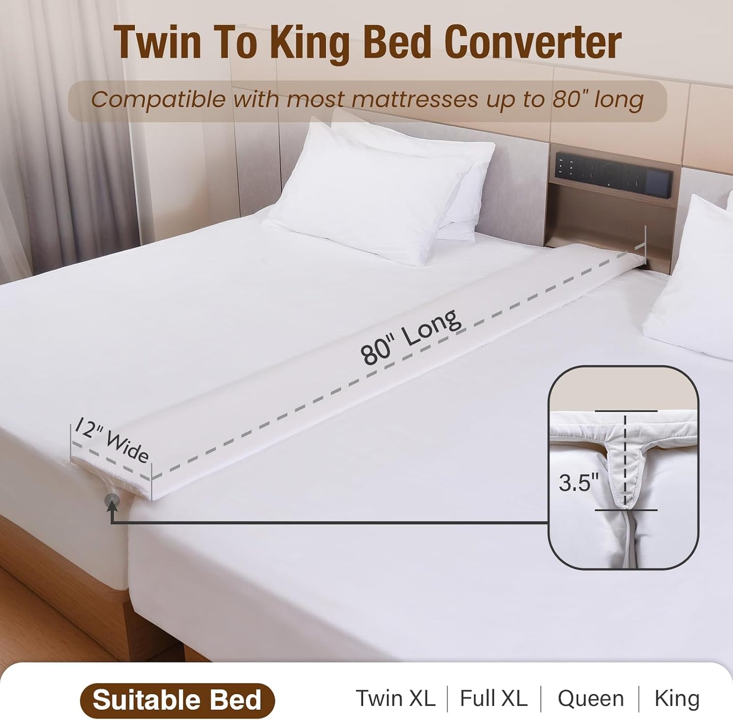 Vekkia 80" x 12" Twin XL/Twin to King Converter with Internal PE Support Sheet & High-Density Foam, Split King Gap Filler for Adjustable Bed, Guest Room, Vacation Rentals, Hotel, Washable Cover