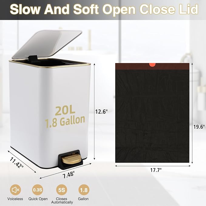 Small Bathroom Trash Can with Lid Soft Close, 1.8 Gallon Stainless Steel - Image 6