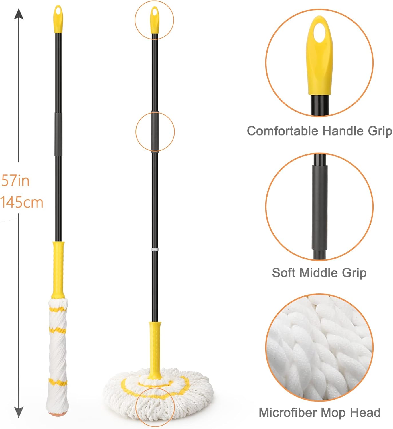 KeFanta Self-Wringing Twist Mop for Floor Cleaning, Long Handled Microfiber Floor Mop with Top Scouring Pad for Kitchen, Hardwood, Restaurant, Bathroom, Garages, Warehouses, Office,57-inch