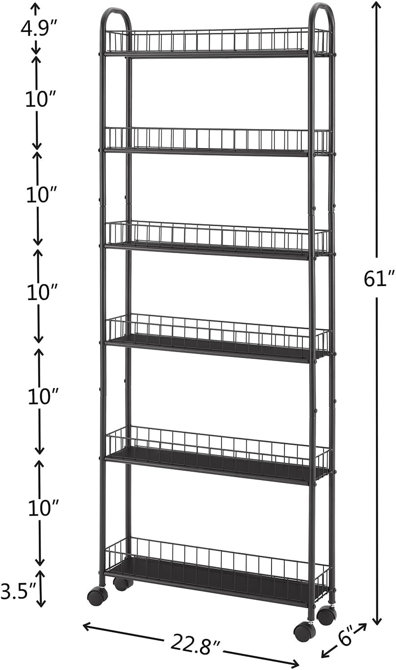 6in 6 Tier Slim Rolling Storage Cart,Mobile Shelving Unit with Wheels