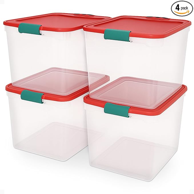 HOMZ 4-Pack Holiday Tote, Plastic Storage Organizer Bins by Homz