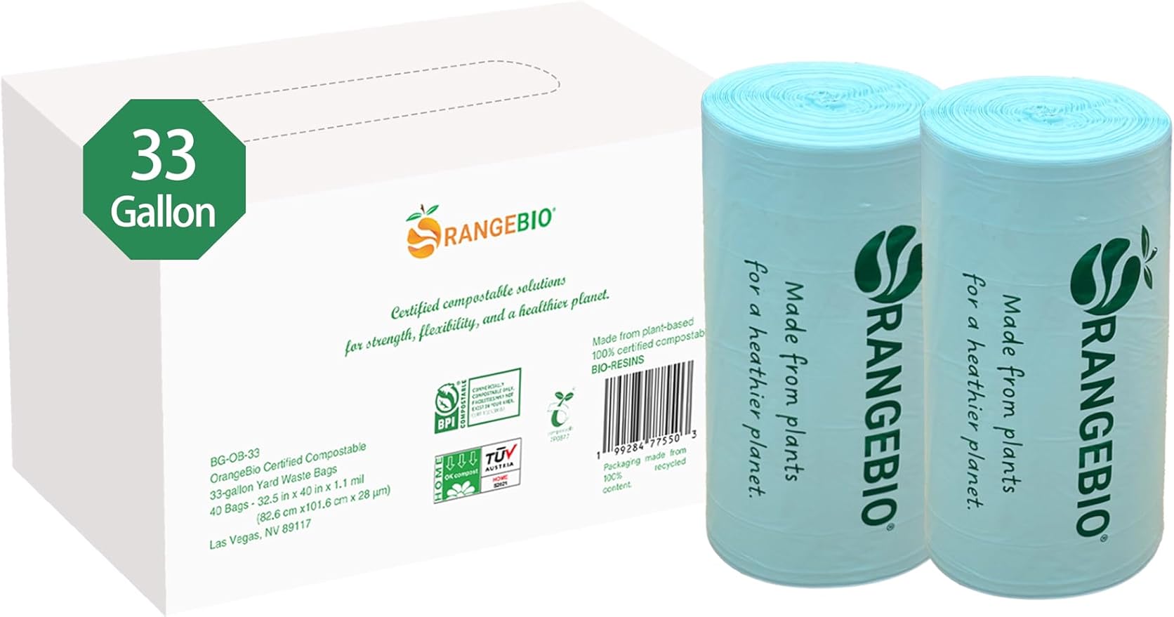 OrangeBio 33 Gallon Home Compostable Yard Waste Bags, 1.1 Mil, Lawn & Leaf Bags by OrangeBio
