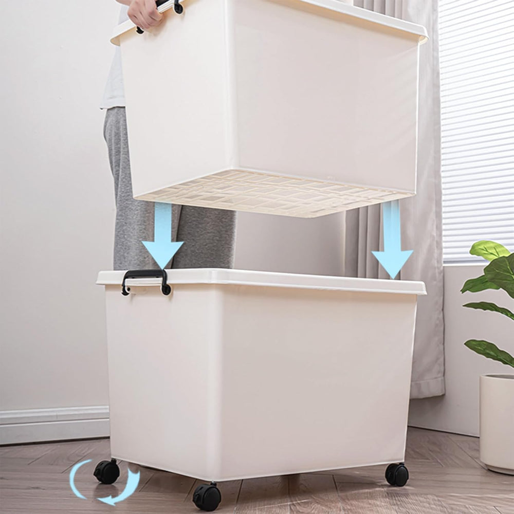 Large Stackable Plastic Storage Bins with Wheels, 3-Pack 60 Quart White Thick...