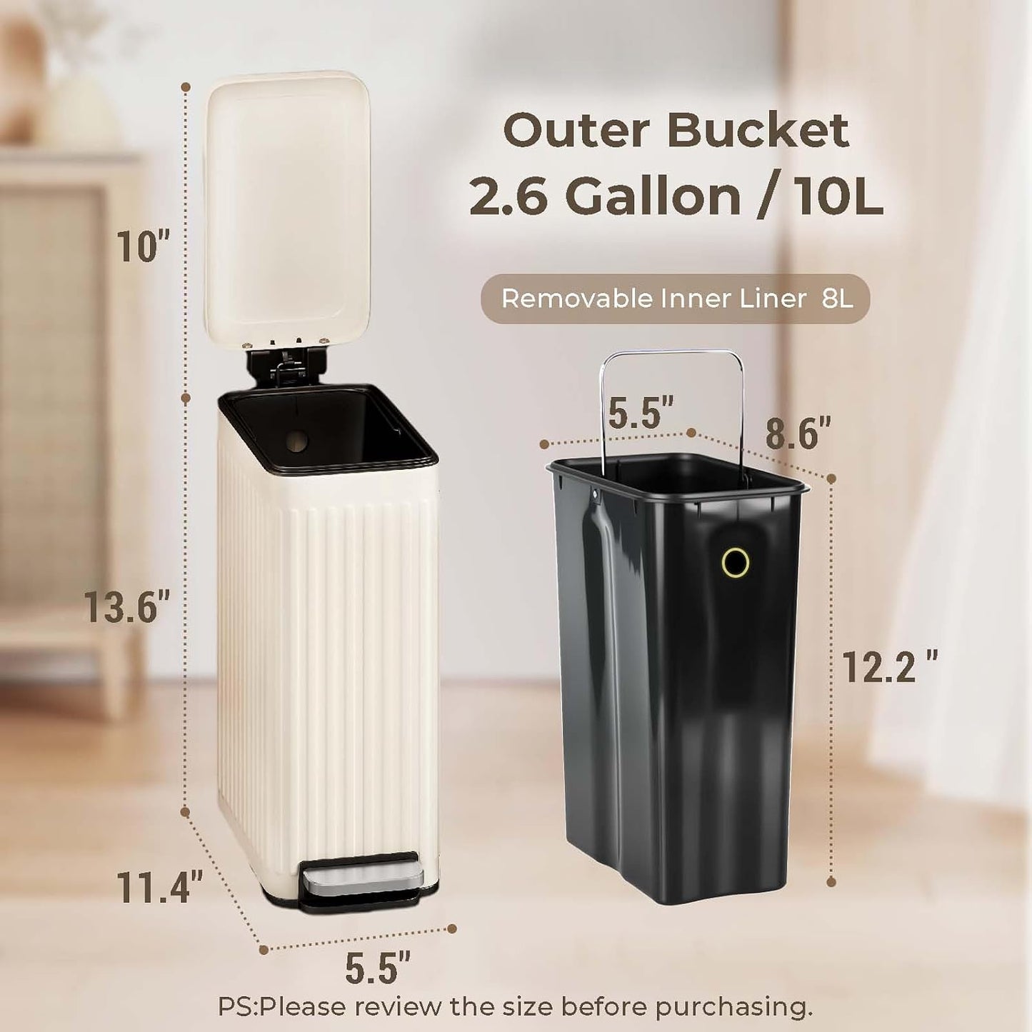 Slim Bathroom Trash Can with Lid 5.5-Inch Wide Fluted Creamy White | Ultra-Slim Bathroom Trash Can Fluted Stainless Steel Soft Close Lid Step Pedal 10L Outer 8L Removable Inner Bucket