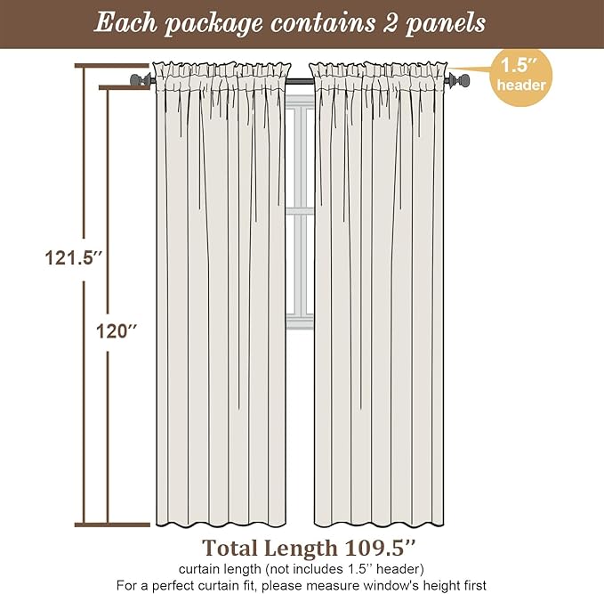 Chyhomenyc Extra Long Ivory Sheer Curtains 120 Inches Long 2 Panels, Light - Image 2