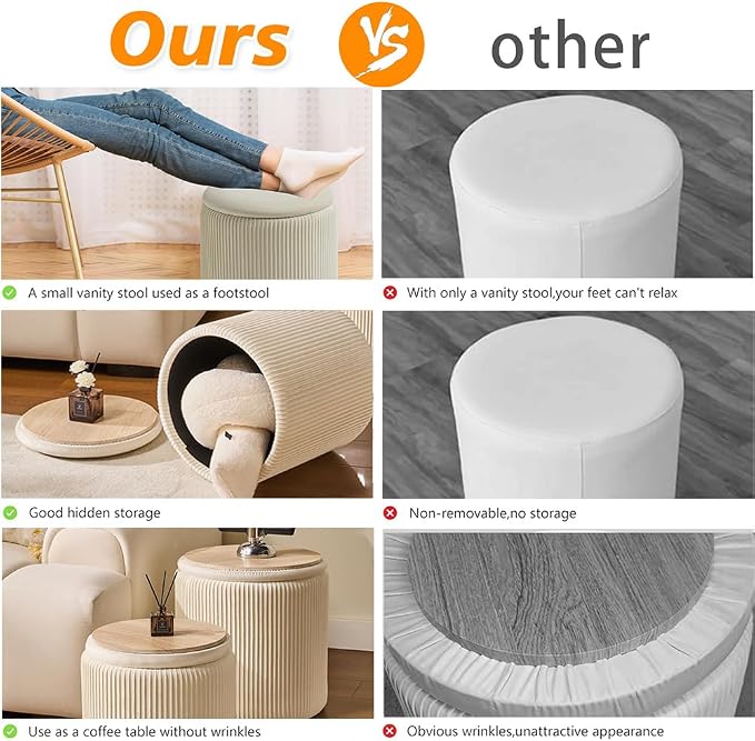 Round Set of 2 Ottoman with Storage-Upholstered Velvet Vanity Stool - Image 5