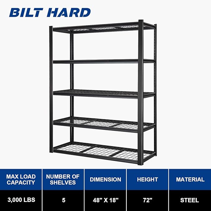 BILT HARD 48”W x 18”D x 72”H Garage Shelving, 5-Tier Heavy Duty Storage Shelves - Image 2
