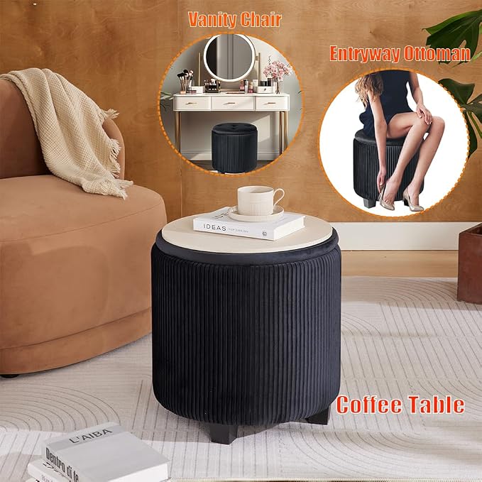 Big Round Ottoman with Storage Set of 2, Upholstered Velvet Vanity Stool - Image 6