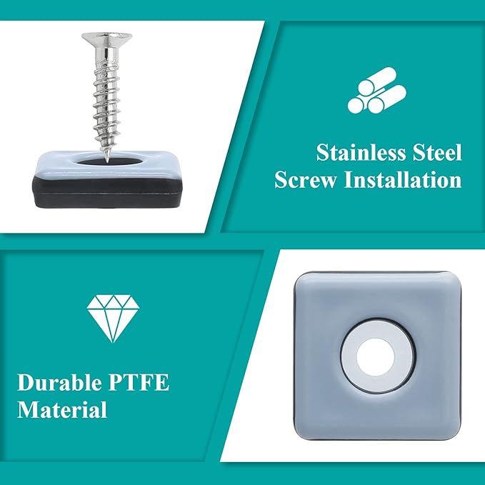 24pcs 1" Screw on Furniture Sliders, Teflon Chair Leg Slides, Square Furniture - Image 3