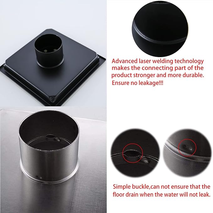 RANDOM Matte Black Square Shower Drain 6 Inch Drain Cover 304 Stainless Steel - Image 4