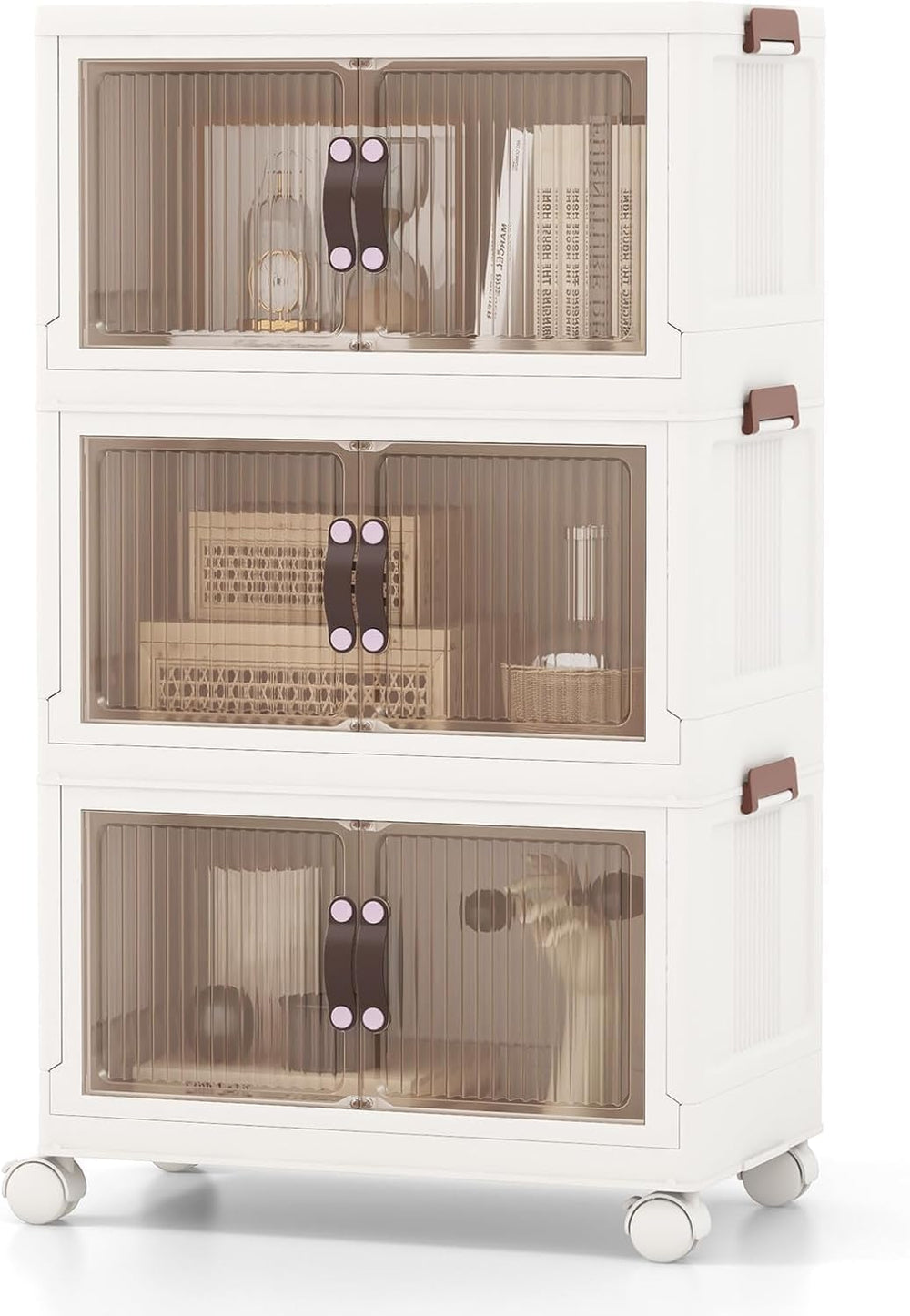HOMGX 3 Tier Stackable Storage Bins, Collapsible Closet Organizers w/Wheels a...
