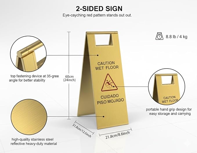 2 Pcs Wet Floor Sign, 24 Inch Gold Stainless Steel Caution Wet Floor Sign - Image 2