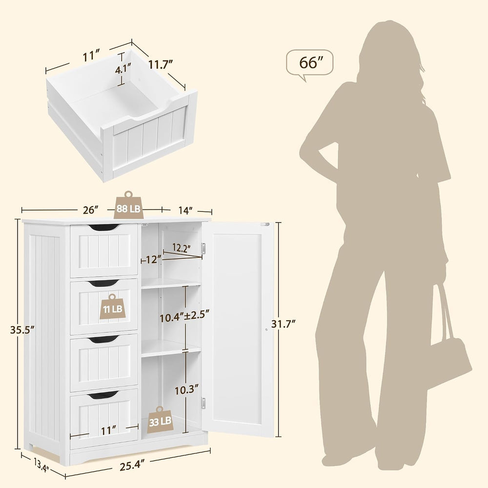 Yaheetech Bathroom Storage Cabinet with 4 Beadboard Drawers and Door, White