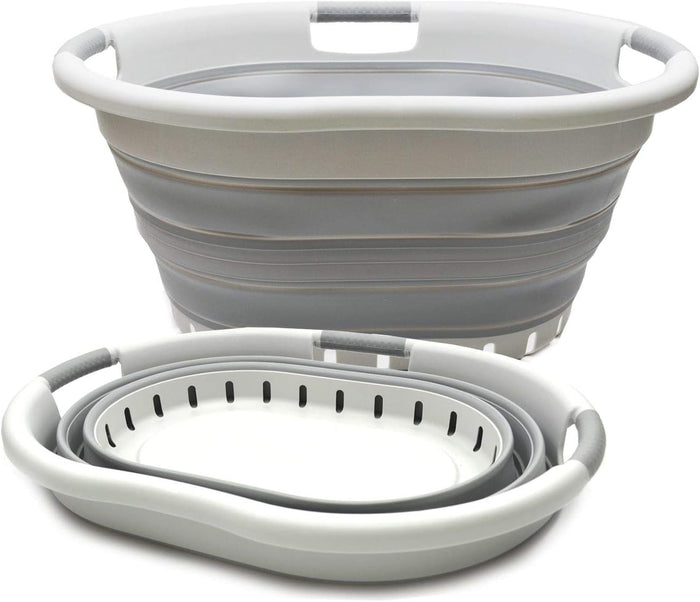 SAMMART 36L (9.5 gallon) Set of 2 Collapsible 3 Handled Plastic Laundry Basket-Foldable Pop Up Storage Container/Organizer-Space Saving Basket (2, Grey/Grey)