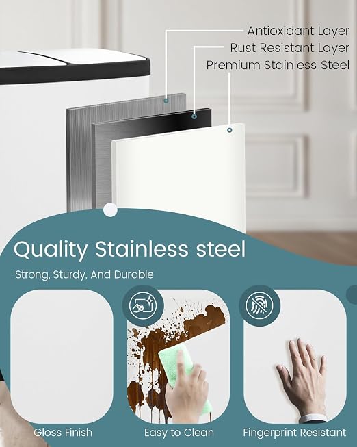 Dual Compartment Stainless Steel Trash Can, 16 Gallon / 60 Liters White Kitchen - Image 5