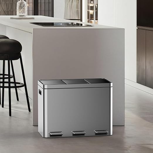 3 x 4 Gal Trash Can, Stainless Steel Triple Compartment Step-On Recycling Bin - Image 7