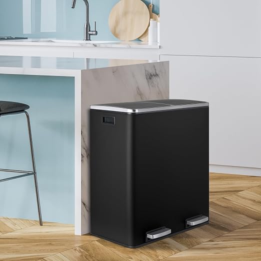 16 Gallon Rectangular Stainless Steel Trash Can, Dual Compartment Garbage Bin - Image 7