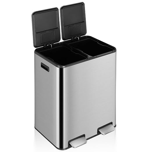 16 Gal Dual Trash Can, Stainless Steel Kitchen Garbage Bin, Recycle Dustbin - Image 9