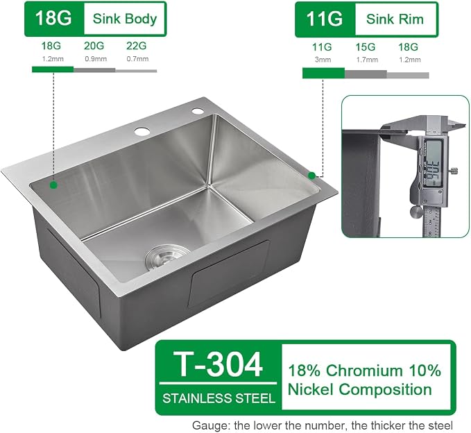 20x16x9 Inch Drop in Kitchen Sink, Handmade 304 Stainless Steel Single Bowl - Image 3