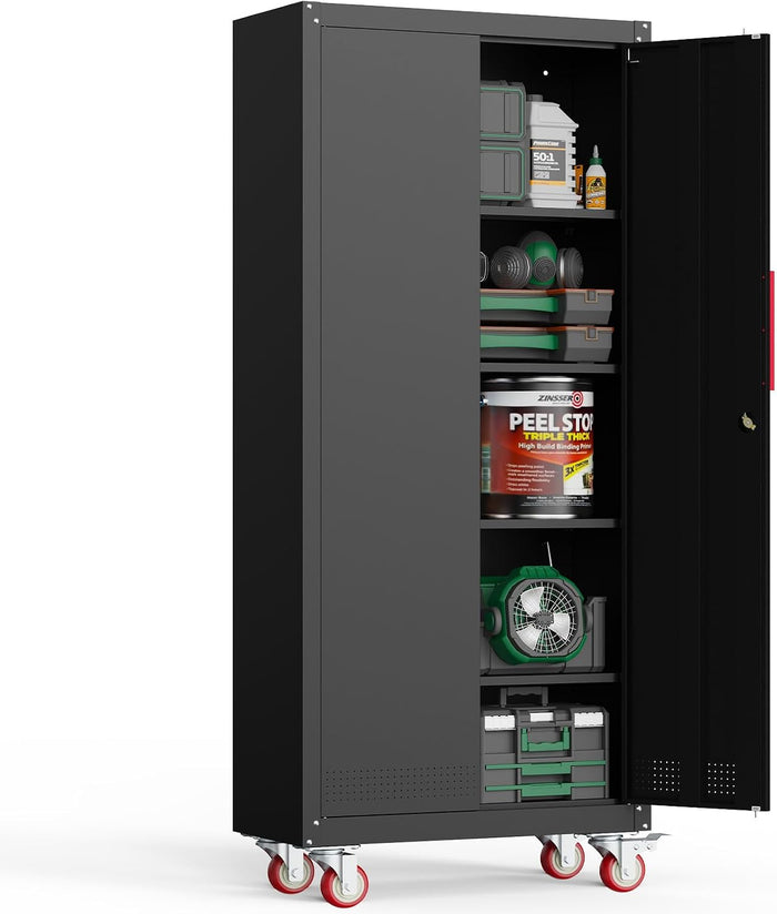 Kelueo 71" Tall Metal Garage Storage Cabinet with Wheels and Locking Doors