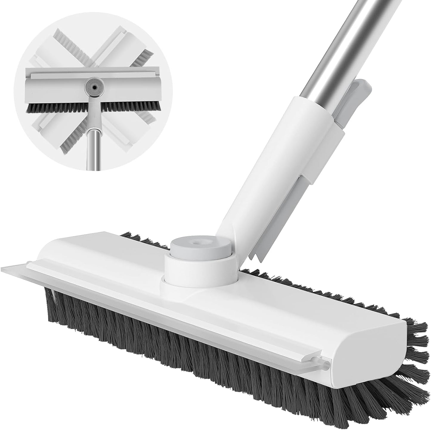 Floor Scrub Brush with Long Handle, 3 in 1 Scrape and Heavy-Duty Stiff Bristle Scrubber Brush Broom for Cleaning Shower Bathroom, Patio, Pool, Garage, Kitchen, Wall and Deck (White, 1 Pack)