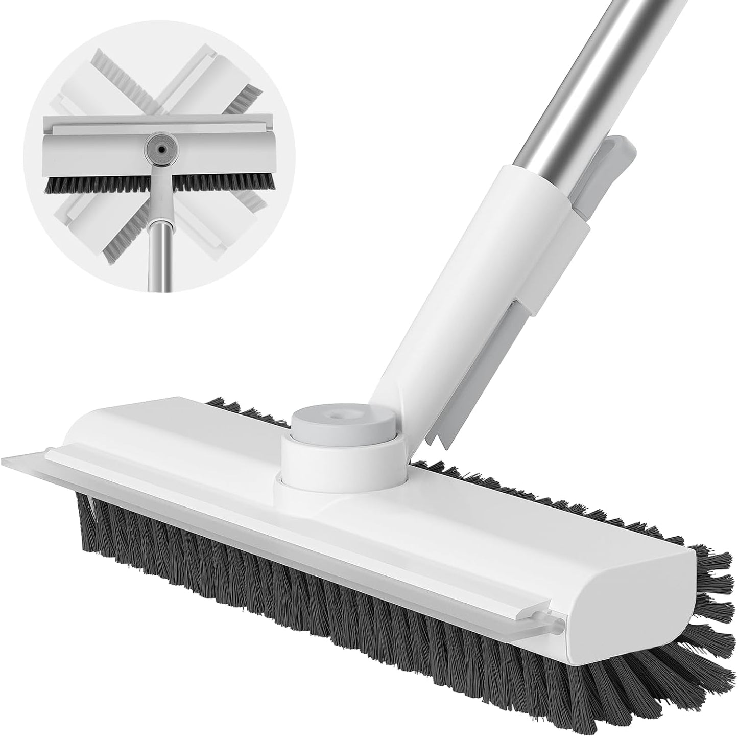 Floor Scrub Brush with Long Handle, 3 in 1 Scrape and Heavy-Duty Stiff Bristle Scrubber Brush Broom for Cleaning Shower Bathroom, Patio, Pool, Garage, Kitchen, Wall and Deck (White, 1 Pack)
