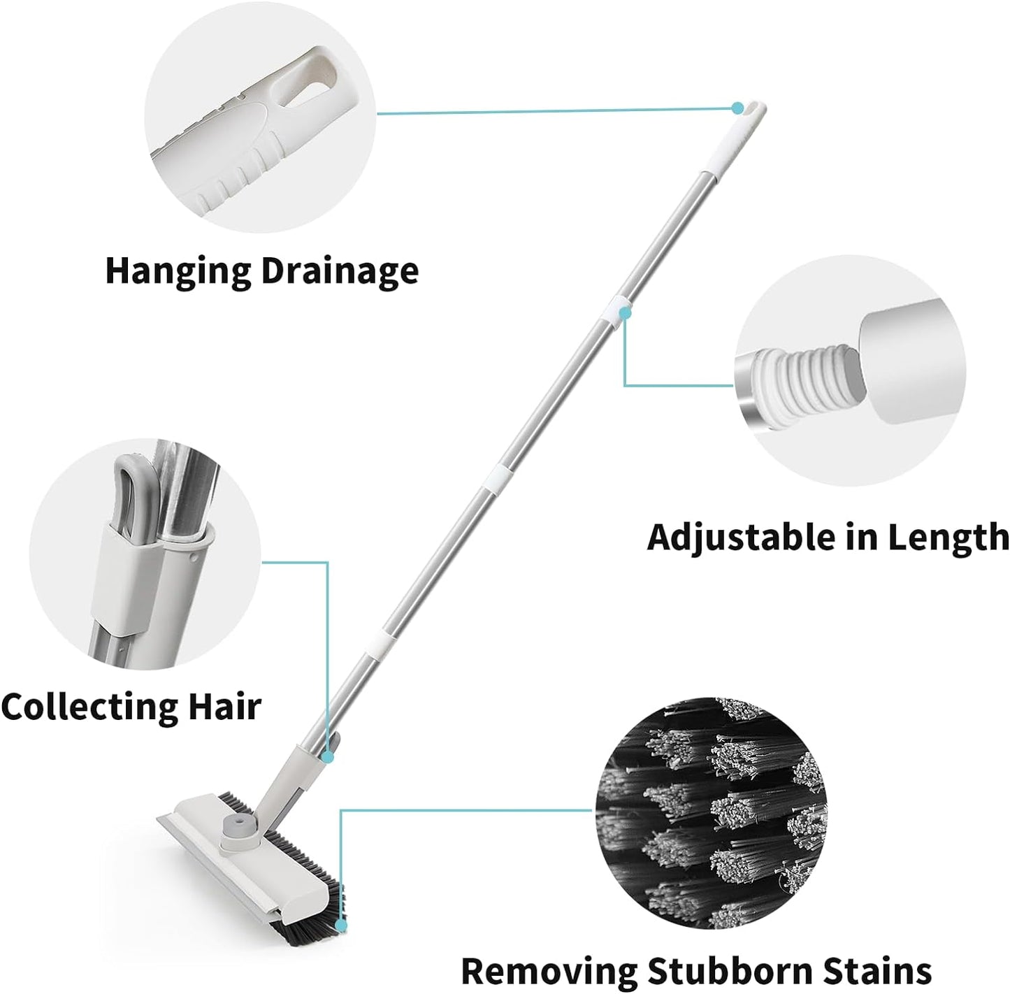 Floor Scrub Brush with Long Handle, 3 in 1 Scrape and Heavy-Duty Stiff Bristle Scrubber Brush Broom for Cleaning Shower Bathroom, Patio, Pool, Garage, Kitchen, Wall and Deck (White, 1 Pack)