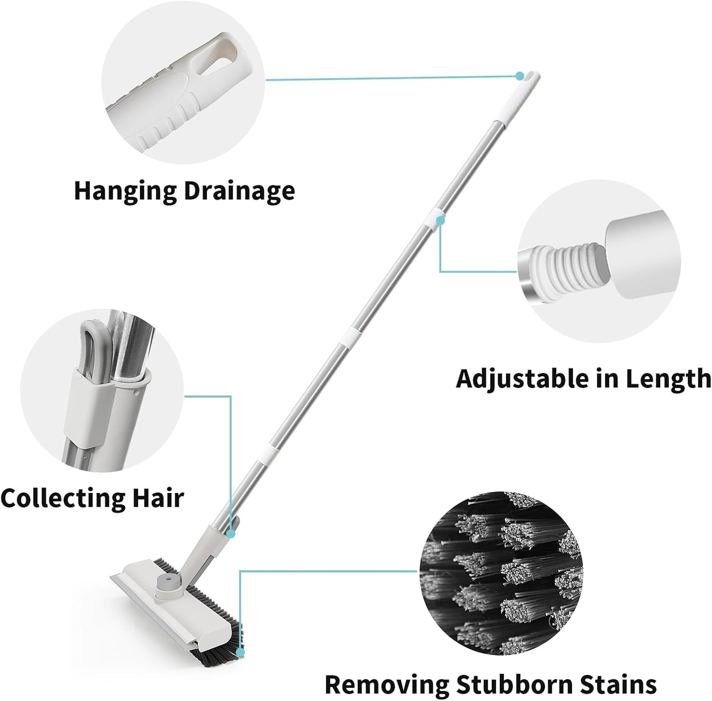 Floor Scrub Brush with Long Handle, 3 in 1 Scrape and Heavy-Duty Stiff Bristle Scrubber Brush Broom for Cleaning Shower Bathroom, Patio, Pool, Garage, Kitchen, Wall and Deck (White, 1 Pack)