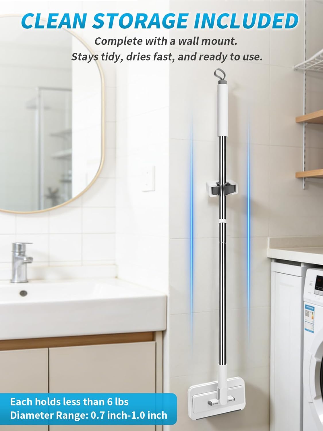 Snap Grip Mini Mop with 5 Reusable Cloths, 50 Inch Adjustable Lazy Mop, Hands Free Cloth Changing Flat Mops with Wall Hook for Wet Dry Floor Wall Bathroom Kitchen Corner Cleaning