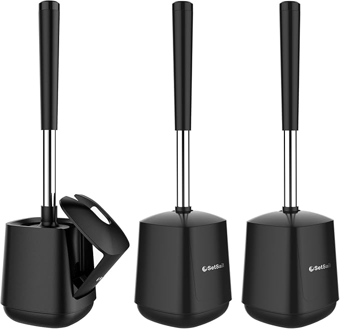 SetSail Toilet Brush and Holder 3 Pack, Self Closing Lid Toilet Bowl Brushes by SetSail