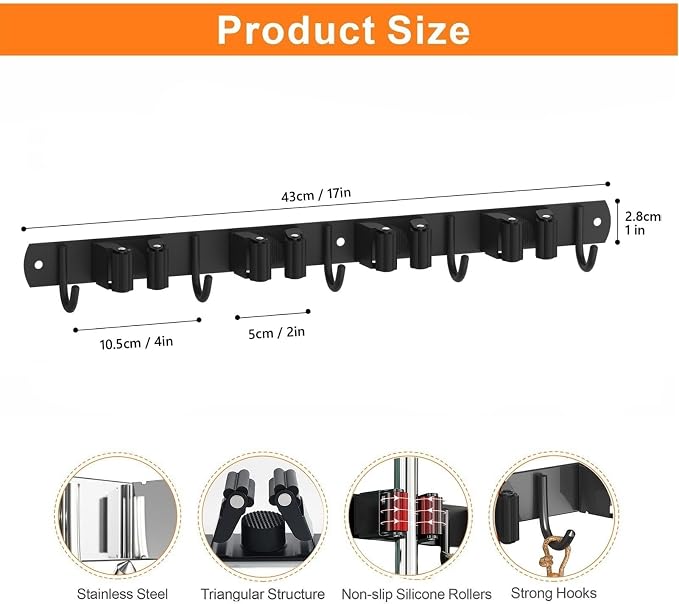 2 Pack Mop and Broom Holder Wall Mount, Non-slip Broom Hanger Wall Mount - Image 5
