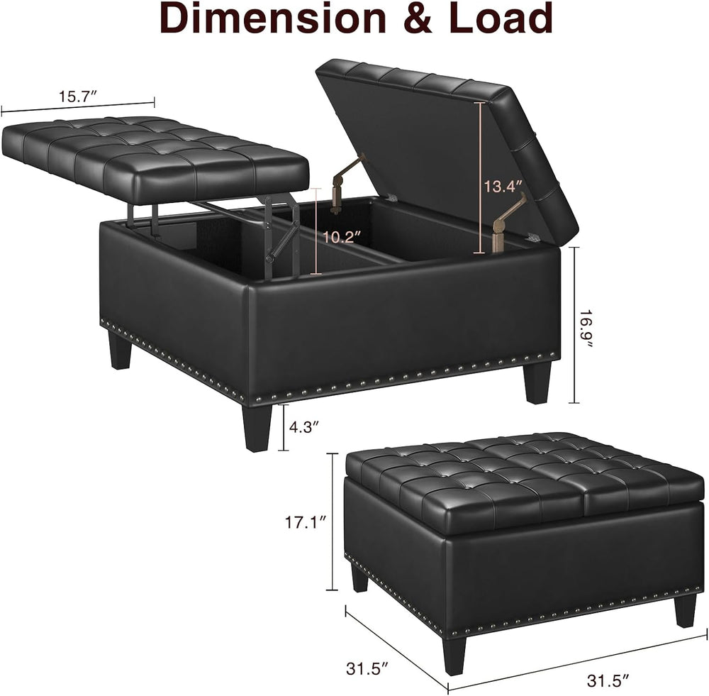 FiveWillowise 31.5 Inch Large Square Ottoman with Storage,Faux Leather