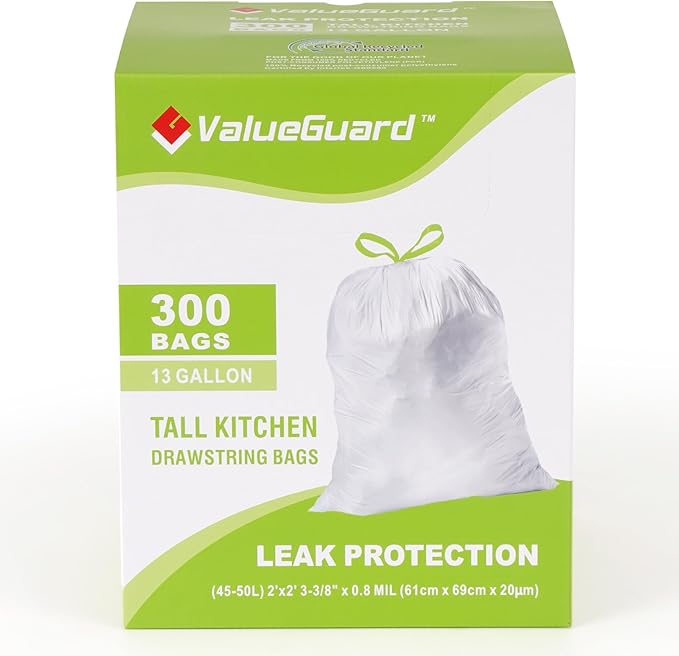 Large Trash Bag 13 Gallon Tall Drawstring 100% Post-Consumer Recycled Garbage by ValueGuard