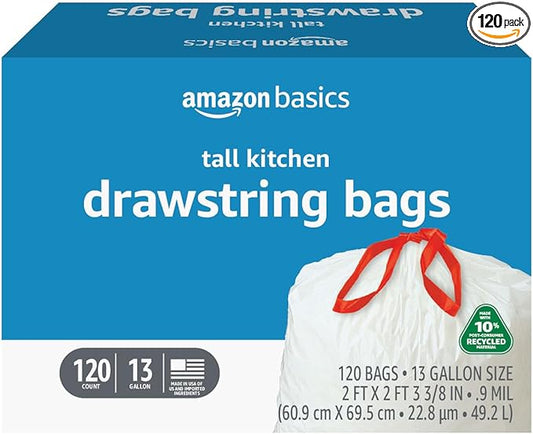 Amazon Basics 13 Gallon Tall Kitchen Drawstring Trash Bags, 10% Post Consumer by AmazonBasics