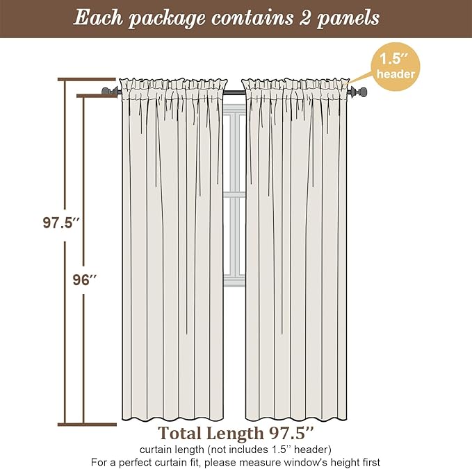 Chyhomenyc Ivory Sheer Curtains 96 Inches Long 2 Panels, Light Filtering Ivory - Image 2