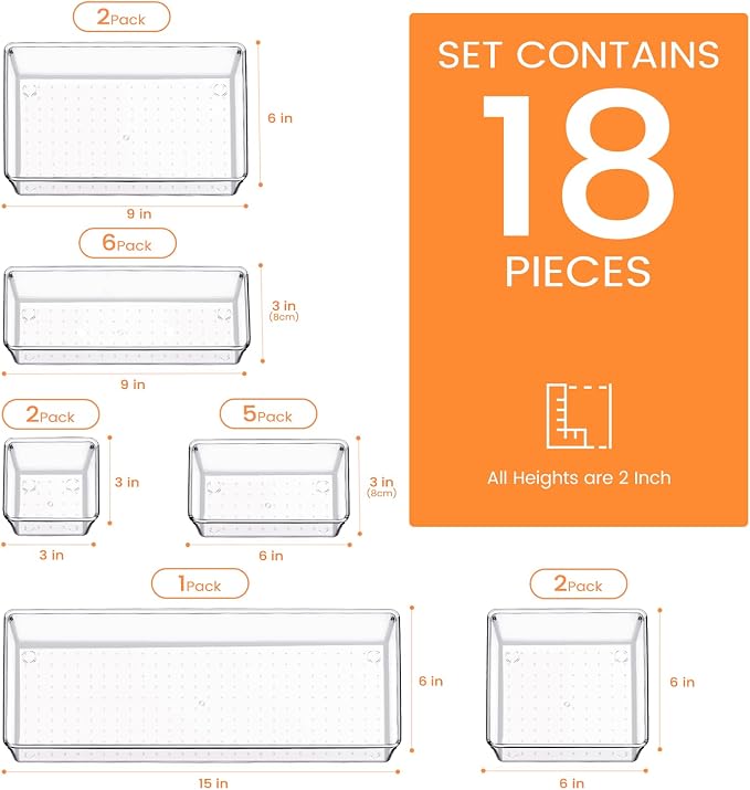 Criusia Drawer Organizer, 18 Pack Large Clear Plastic Kitchen Drawer Organizers - Image 2