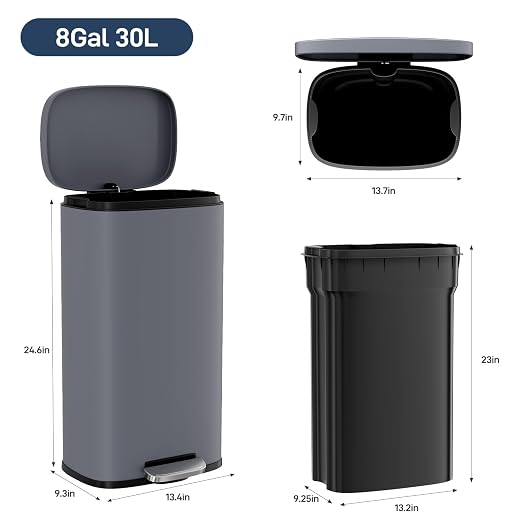 Arlopu 8 Gallon Step Trash Can, Stainless Steel Garbage Bin, Soft-Close Rubbish - Image 2